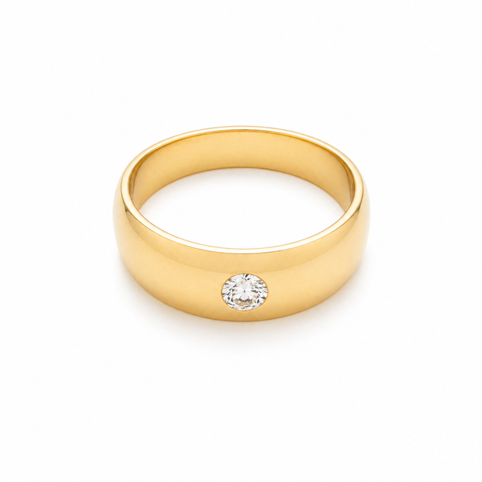 Soleil wide dome band — 18K gold ring with flush-set round brilliant lab diamond — Safy Collective