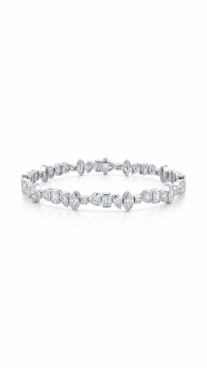 Multi-shape bezel tennis bracelet — 18K white gold on wrist — Safy Collective