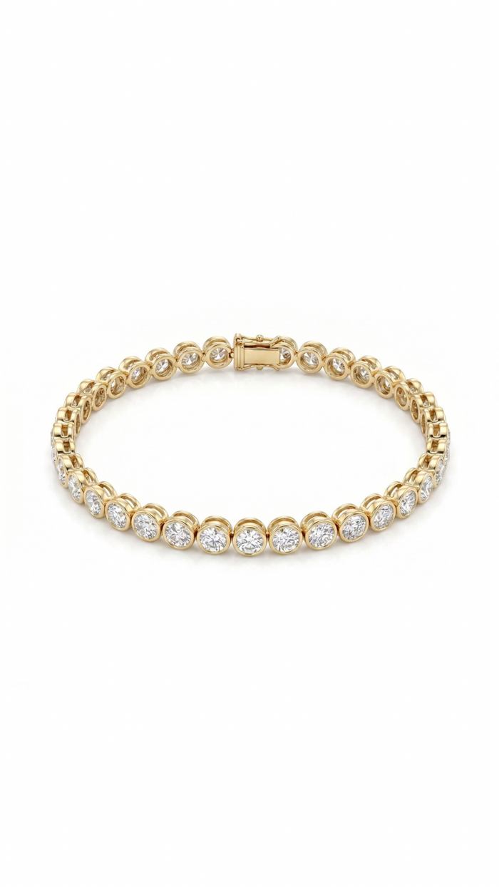 Bezel tennis bracelet 18K yellow gold — on wrist — Safy Collective