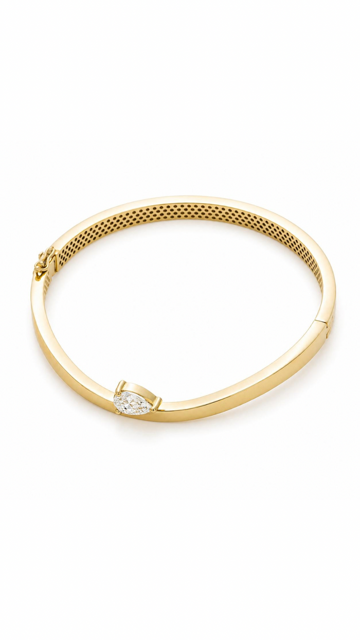Drop Bangle — 1 carat pear lab diamond wide flat 18K gold bangle — Safy Collective