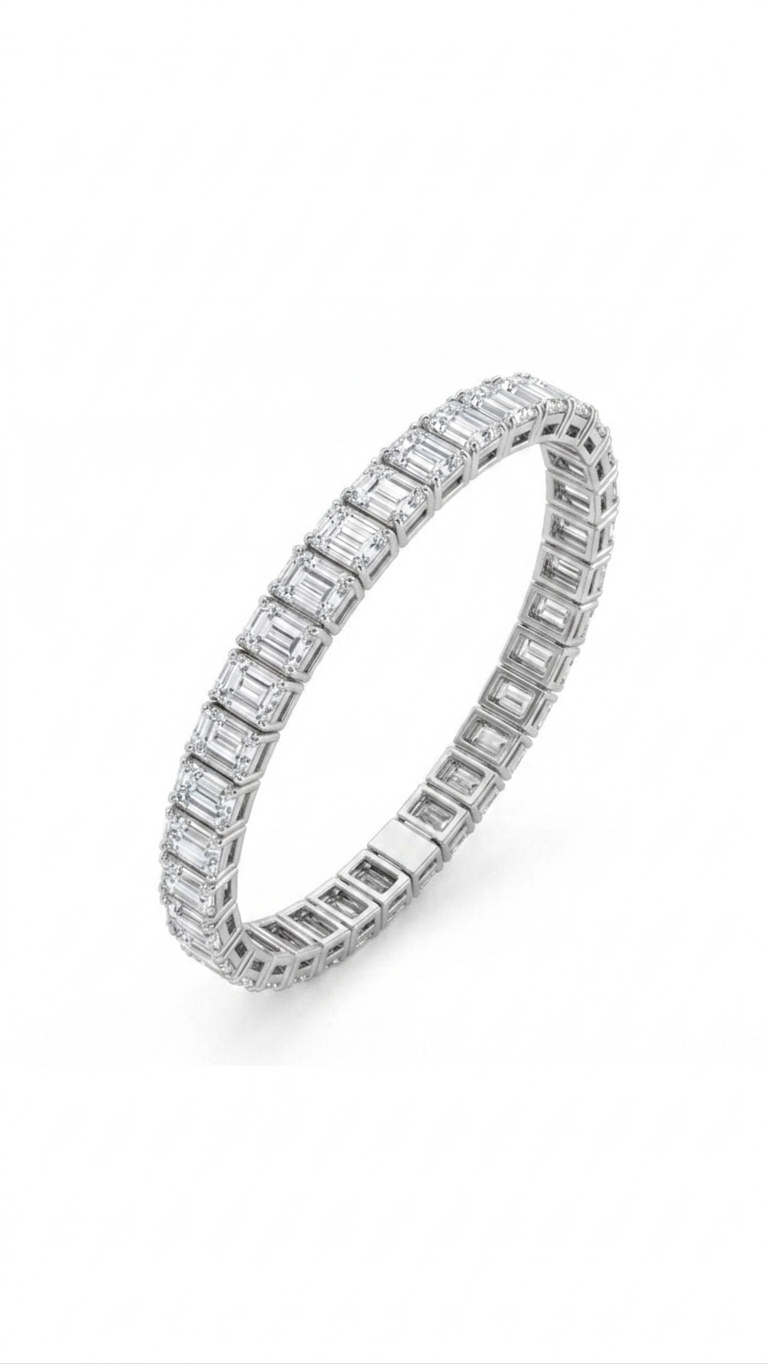 8 Carat Emerald Shape Tennis Bracelet, 18k White Gold, Lab Diamond - Image 5