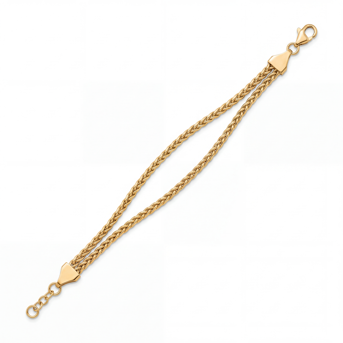 Wheat Chain Bracelet, double wheat strand with triangular end caps, in 18k yellow gold