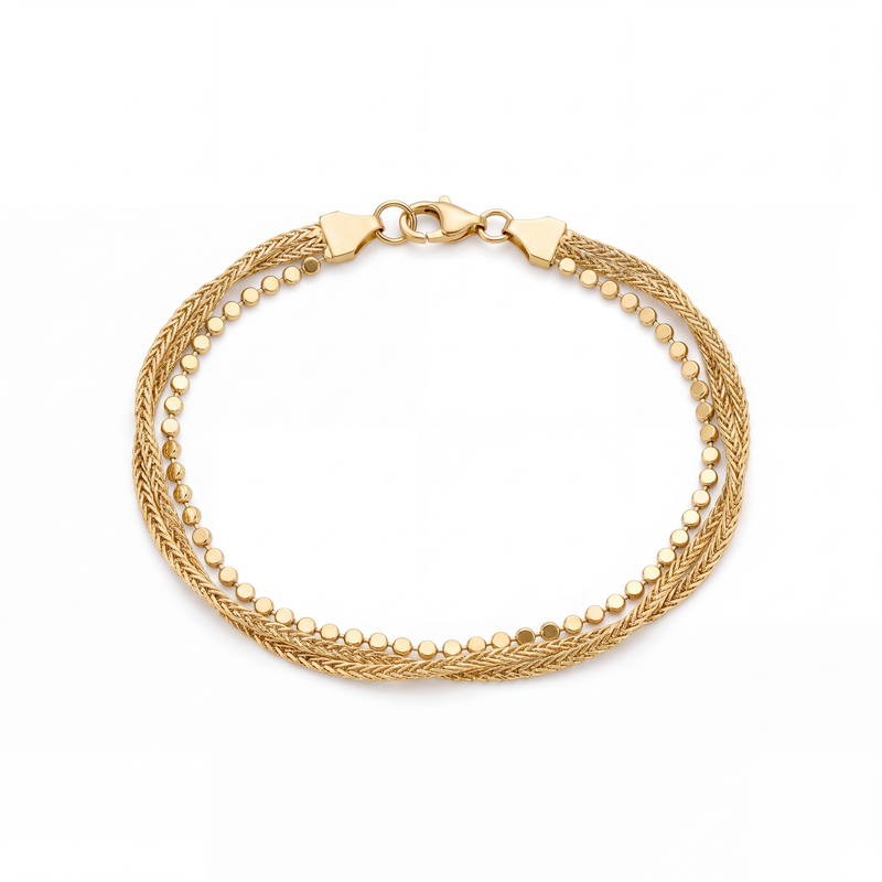Multi-Strand Braided Chain Bracelet in solid 18k yellow gold: woven wheat band and disc chain, two strands joined by triangular end caps