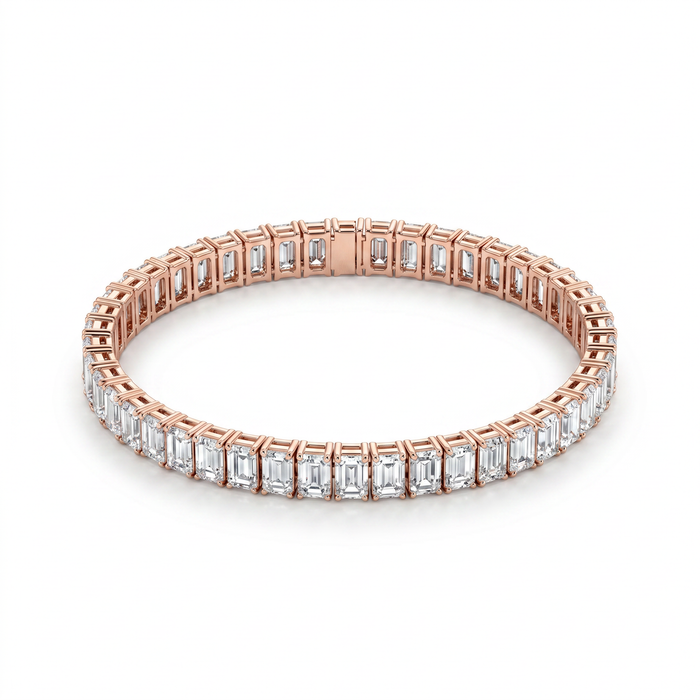 8 Carat Emerald Shape Tennis Bracelet, 18k White Gold, Lab Diamond